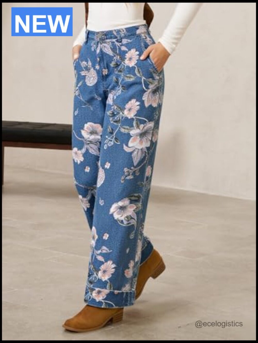 Baggy Wide Leg Jeans Floral High Waisted Boho Denim Pants - Picture 4 of 7